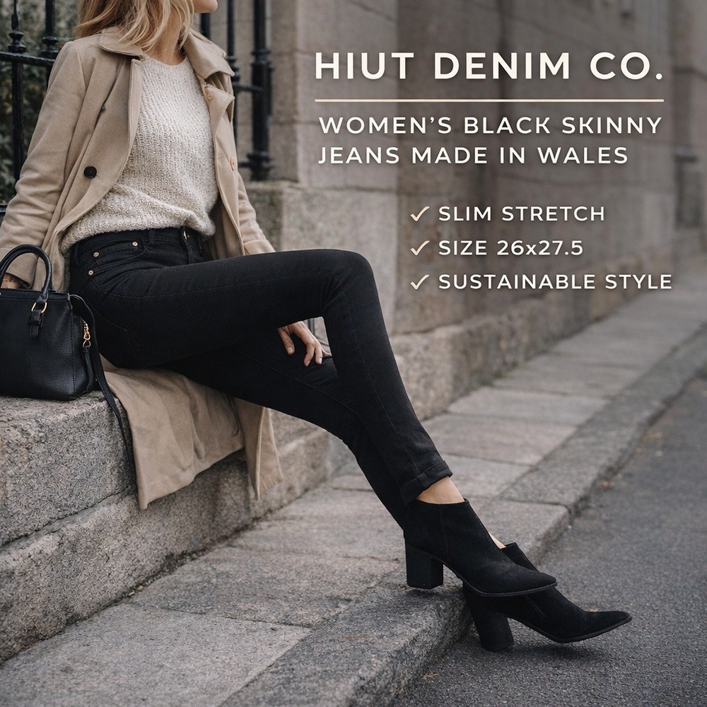 Hiut Denim Co Womens‎ Black Skinny Jeans Made in Wales Slim Stretch 26x27.5